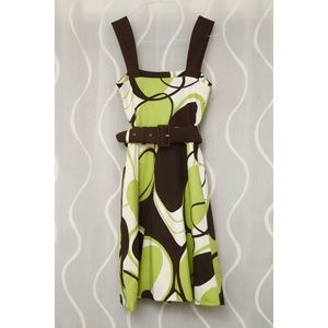 MANGO Vintage Green & Brown Geometric Spot Belted Dress w/ Pockets | Size S